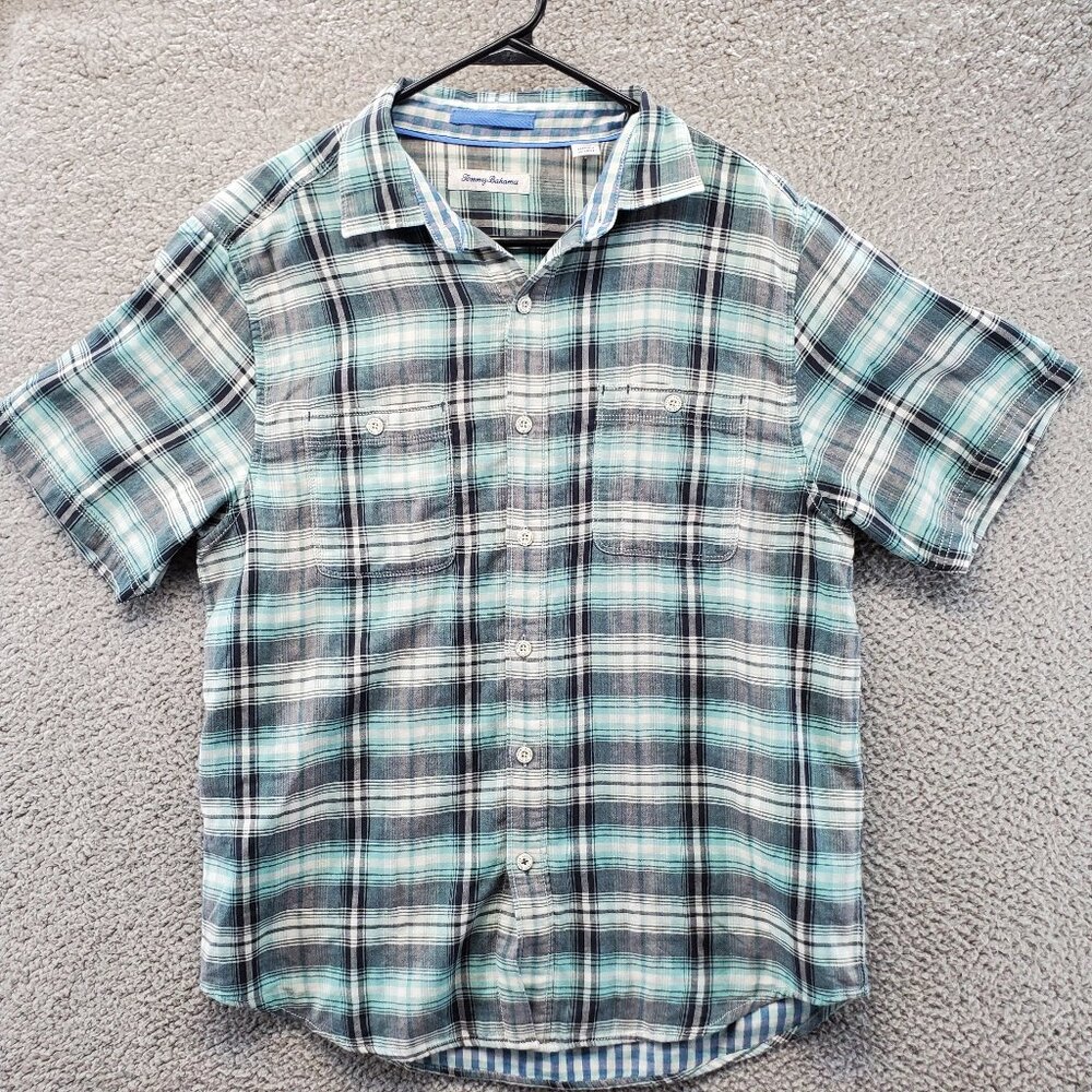 TOMMY BAHAMA Shirt Mens M Button Up Casual Plaid Pocket Gray Blue‎ Green